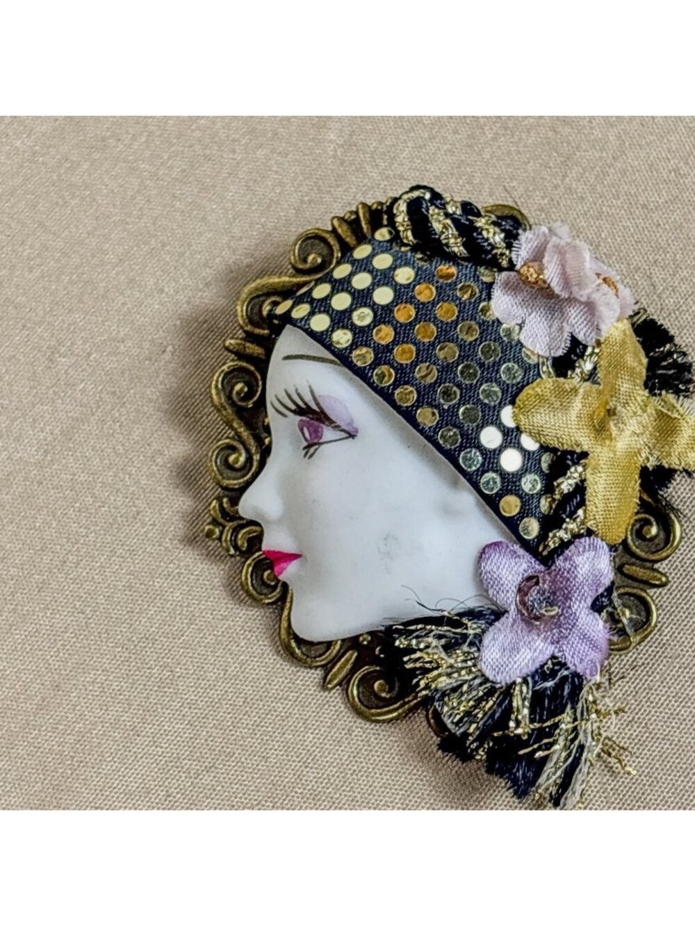 Art Deco Revival Porcelain Flapper Girl Brooch Vintage Gold Tone Statement B4